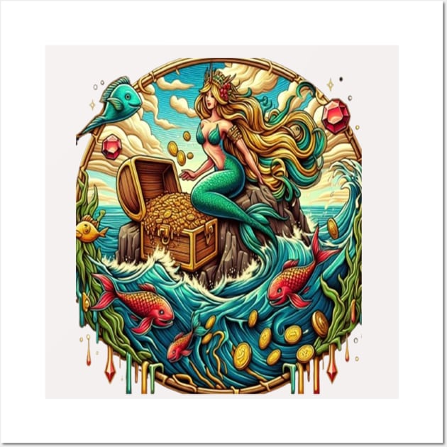 Mermaid sitting on a rock with a open treasured Wall Art by coollooks